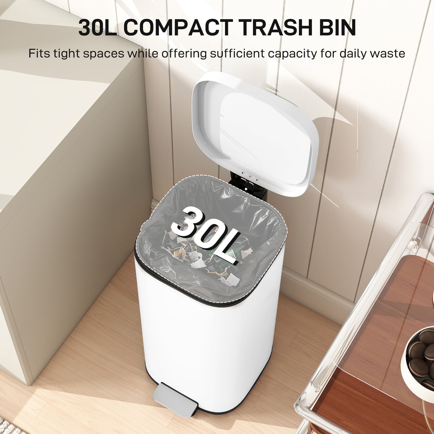 HOMCOM 30L Kitchen Bin, Compact Pedal Bin with Soft-Close and Stay-Open Lid, Removable Bucket for Kitchen, Home, Office, White