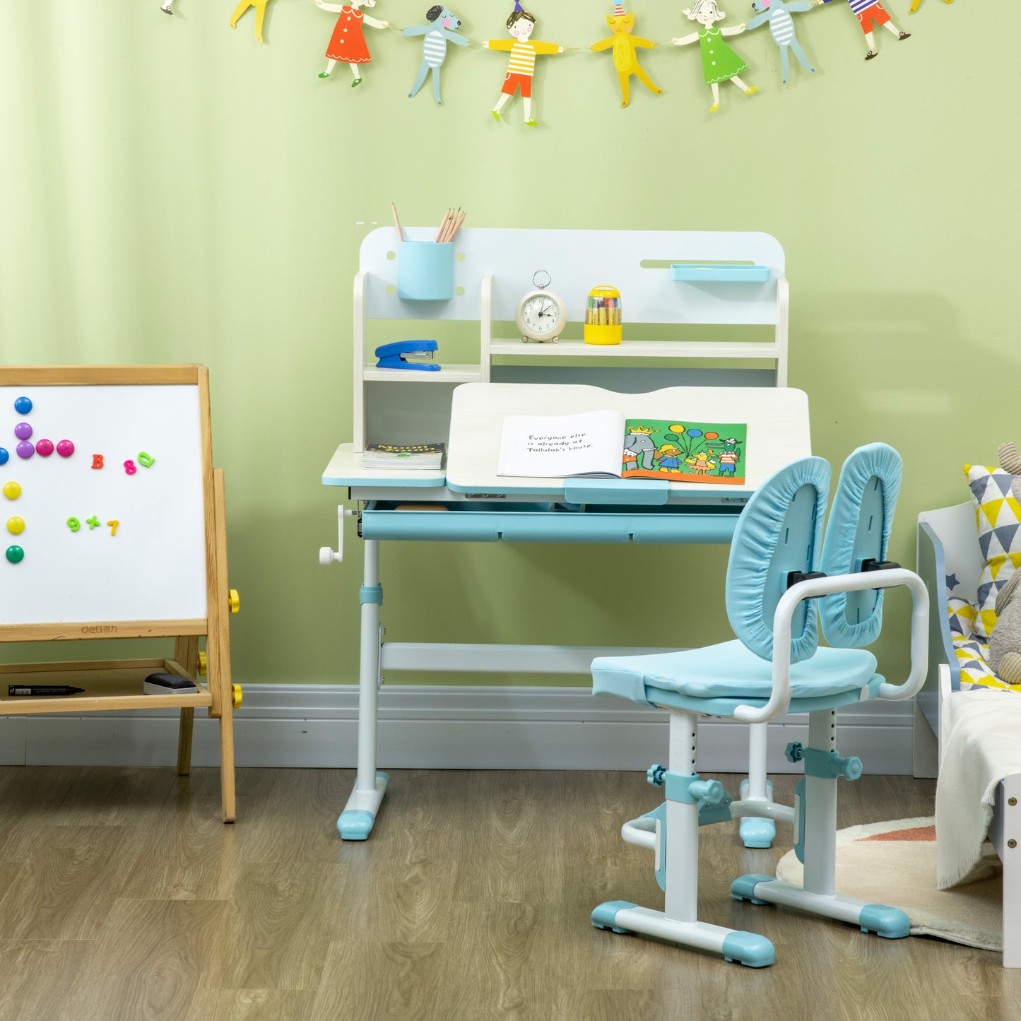 HOMCOM Kids Desk and Chair Set, with Storage Shelves, Washable Cover, for Ages 3-12 Years - Blue