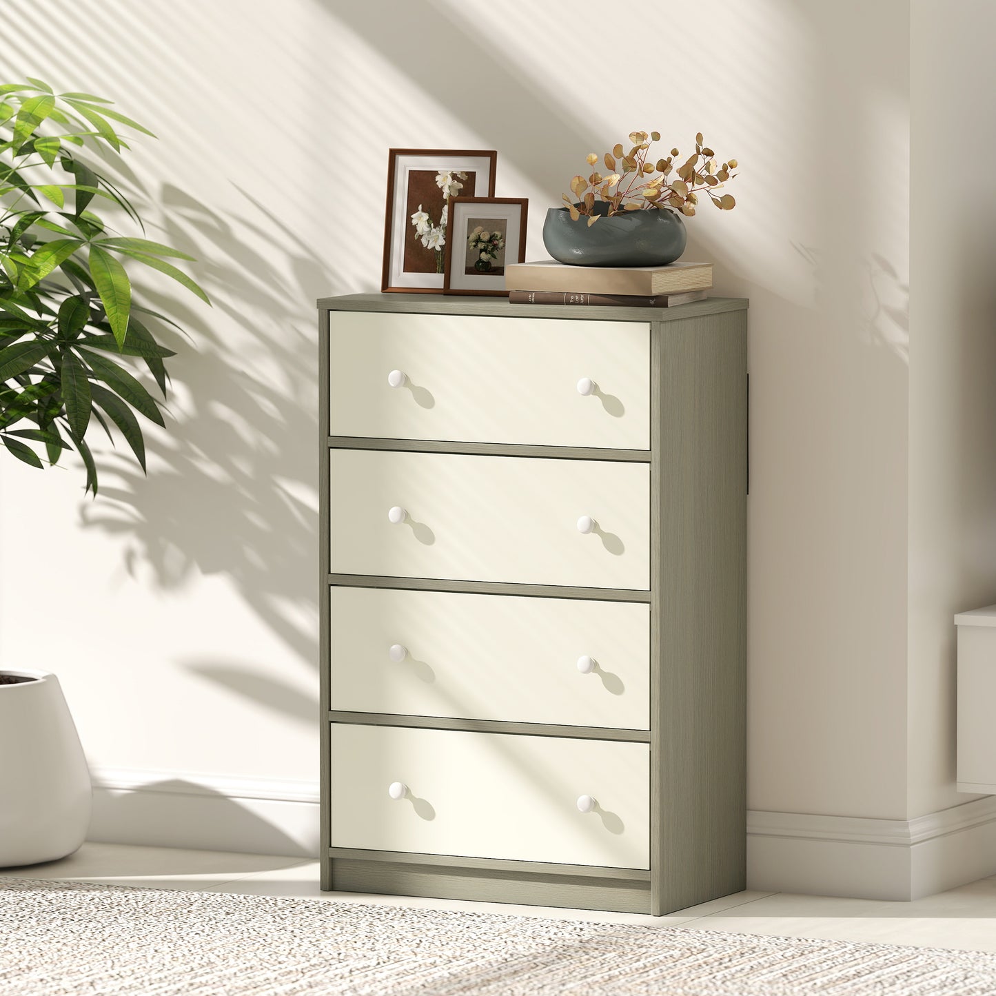 HOMCOM Chest of Drawers, Dresser with 4 Fabric Drawers - White and Grey