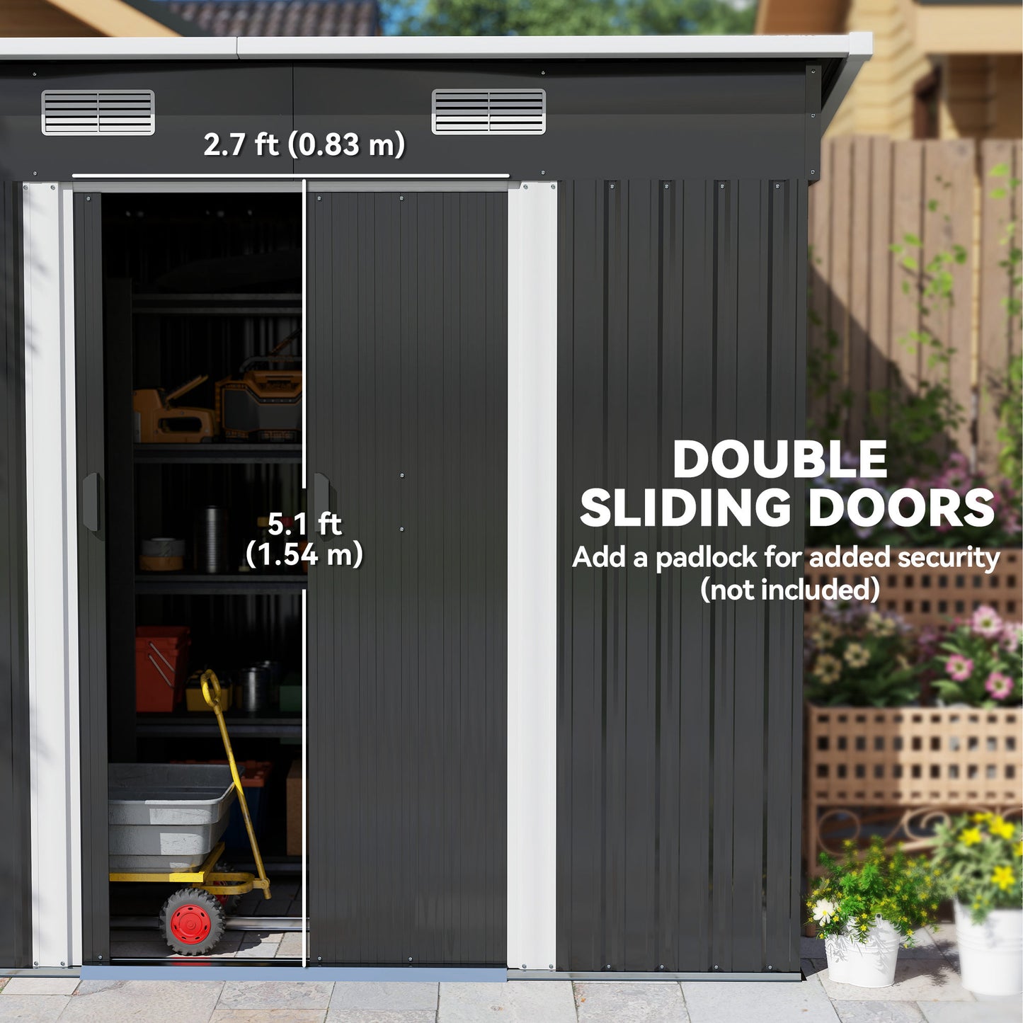 Outsunny 7 x 4ft Outdoor Storage Shed with Foundation Kit, Lean to Metal Garden Shed for Log, Rubbish Bin, Tool, Lawnmower, Bike, Patio and Lawn Use, Black