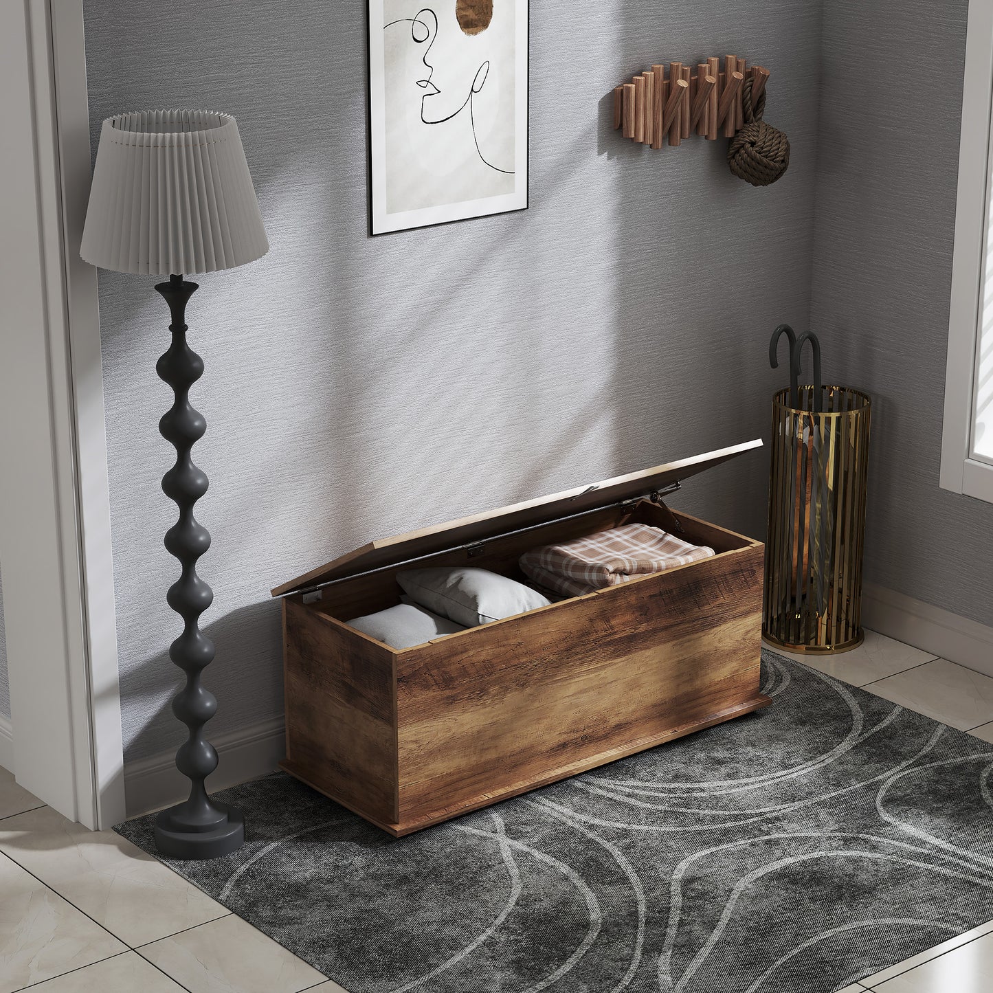 HOMCOM Storage Chest, Large 113L Blanket Box, Shoe Bench with Safety Hinged Lid, Storage Trunk, Bed End Bench for Bedroom, Hallway, Living room, Playroom, 100 x 40 x 40cm, Brown Wood Grain