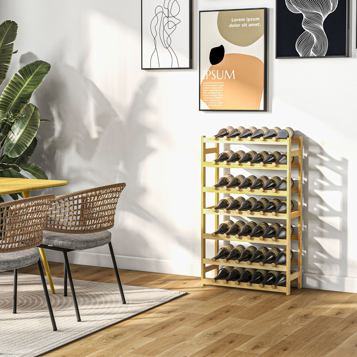 HOMCOM 42-Bottle Wooden Wine Rack - Natural Finish