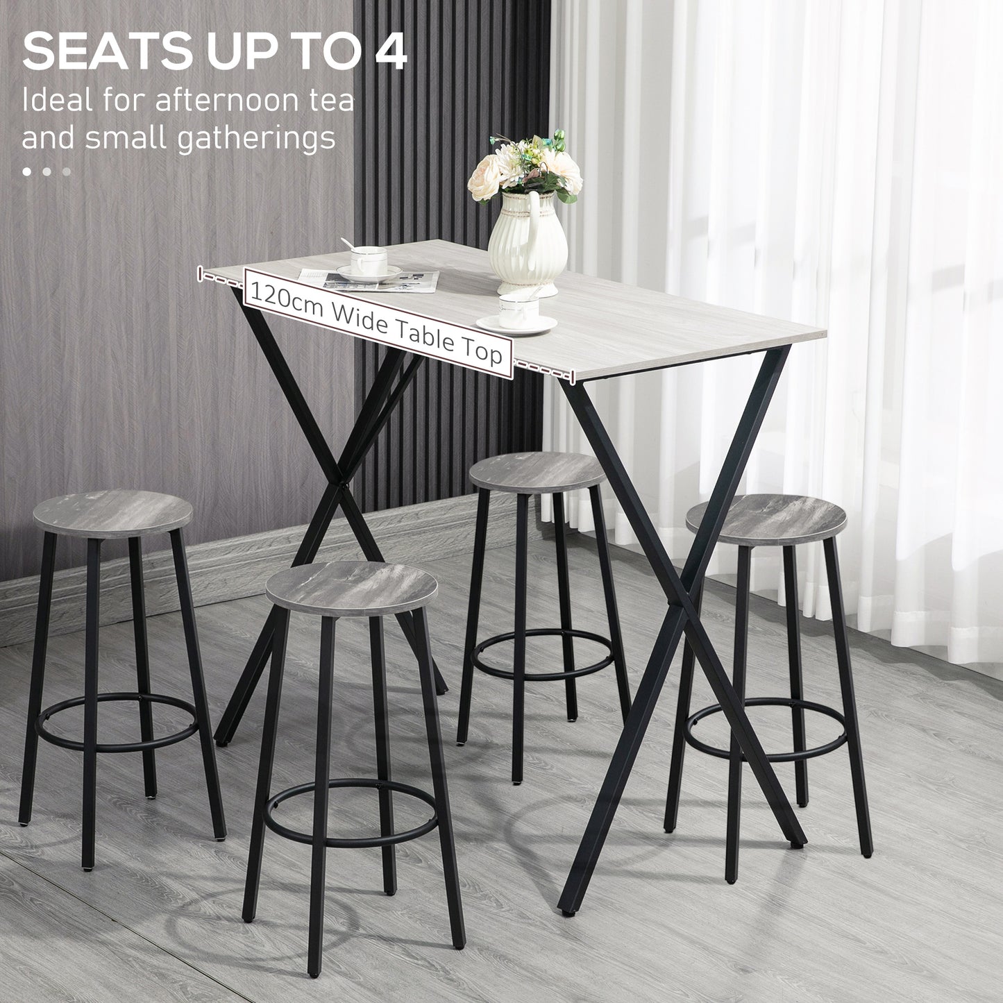 HOMCOM 120 cm Rectangular Bar Table for 4 People, Modern Breakfast Bar Table with Wood Effect Tabletop, Steel Legs, Coffee Desk for Living Room, White