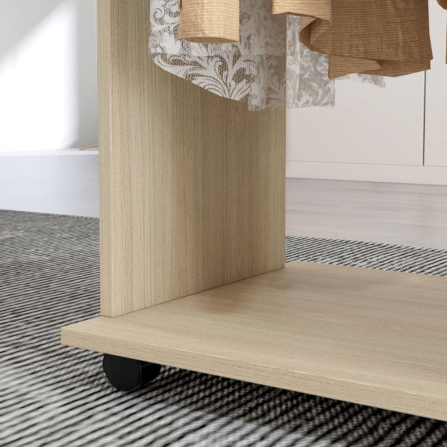 HOMCOM Open Wardrobe Double Mobile Storage Shelves Organizer W/6 Wheels-Natural