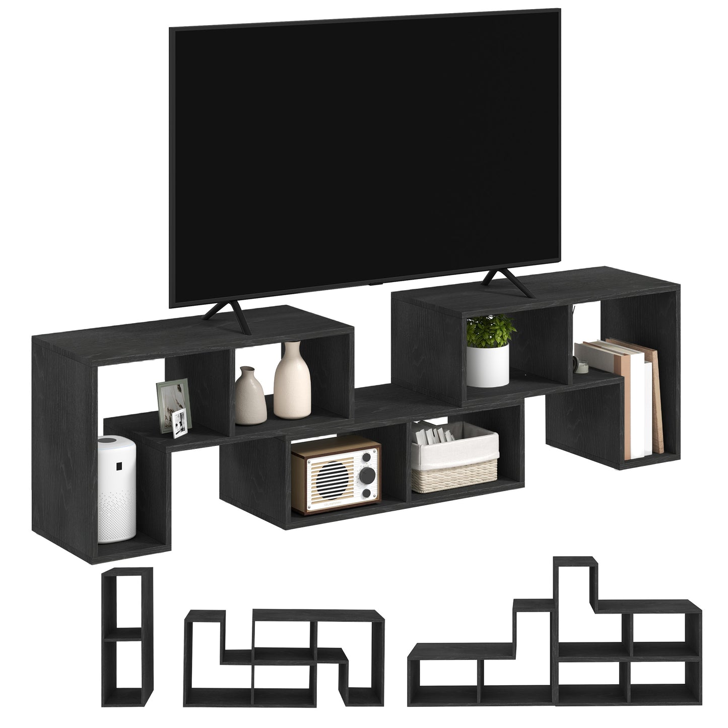 HOMCOM Three-Block Modular TV Stand - Black Wood-Effect