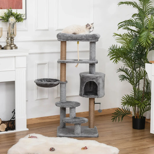PawHut Cat Tree Tower for Indoor Cats 120cm Climbing Kitten Activity Center with Jute Scratching Post Perch Hanging Ball Hammock Teasing Rope Condo Toy Light Grey - LiamsBargains.co.uk