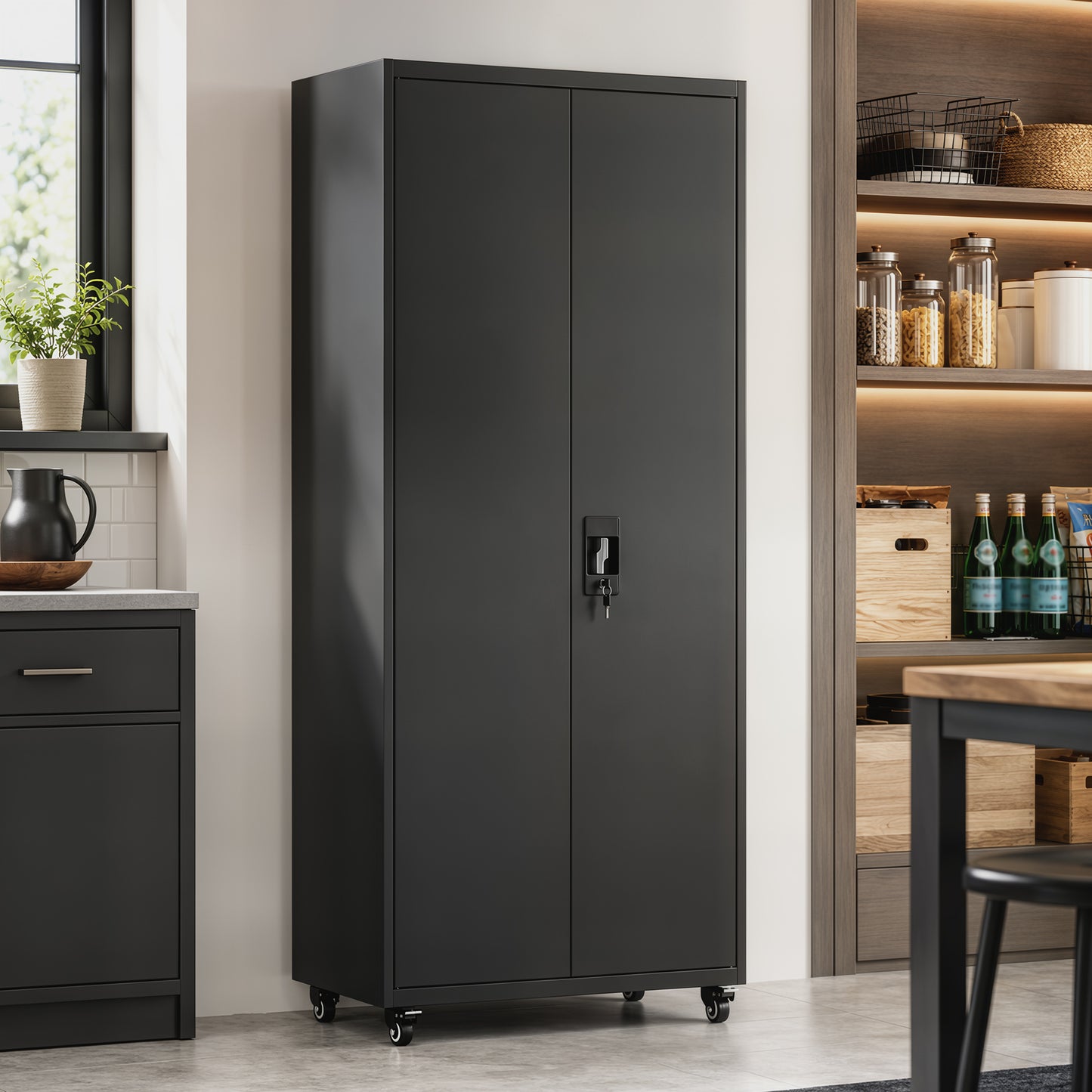 HOMCOM Metal Storage Cabinet, 180 cm Tall Lockable Steel Tool Cabinet with Removable Wheels and Adjustable Shelves, Black