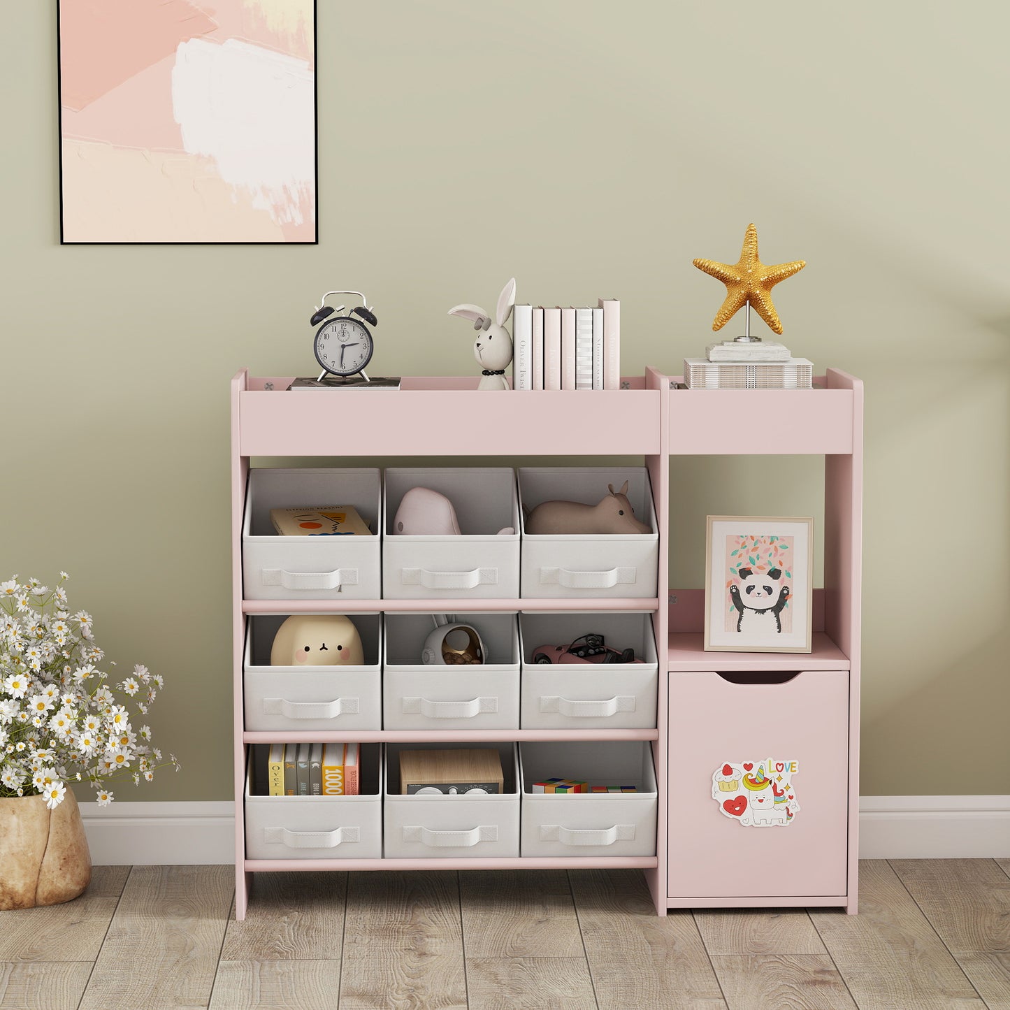 AIYAPLAY Kids Toy Storage, 9 Removable Fabric Bins, Wooden Toy Storage Units for Toys and Books for Bedroom, Nursery, Pink