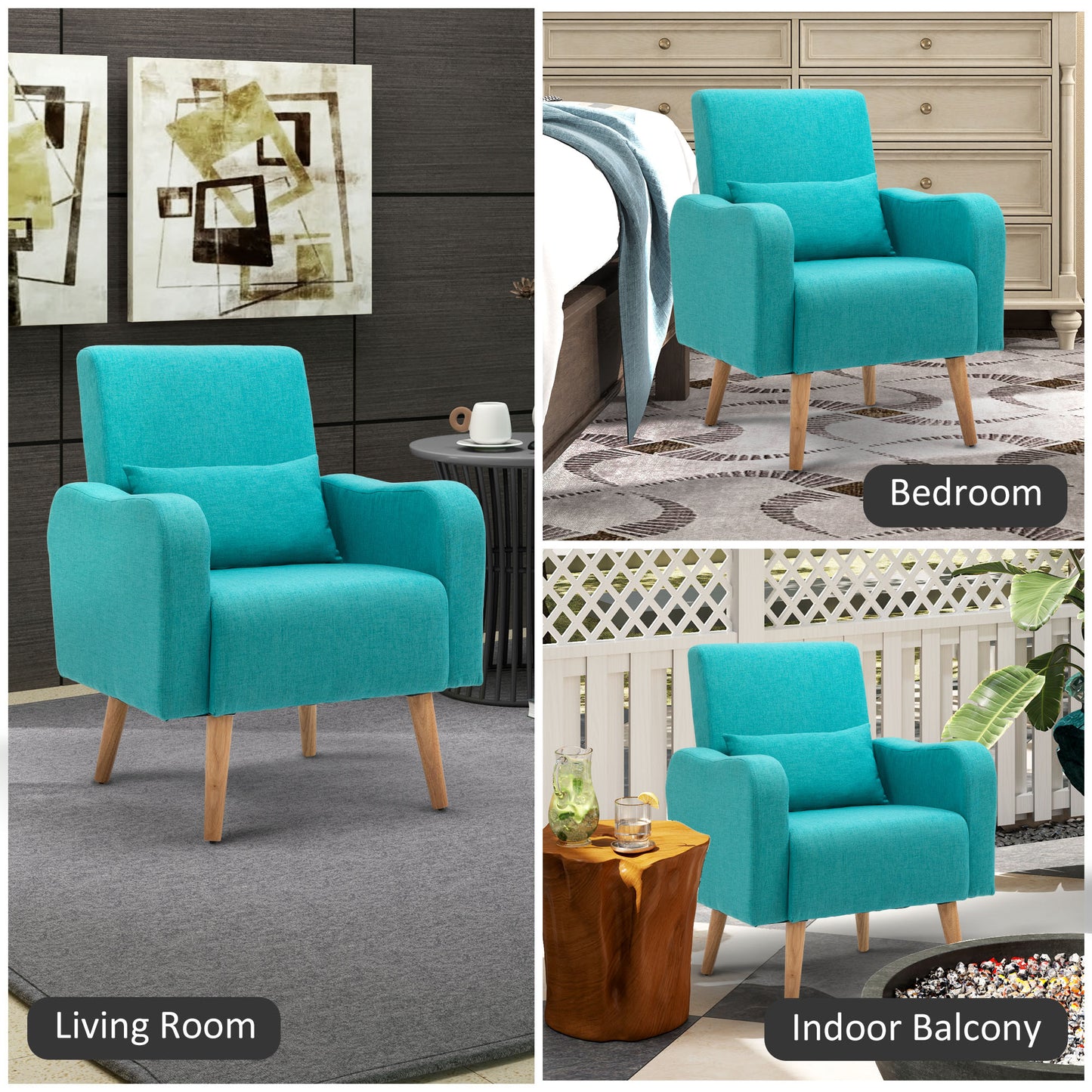 HOMCOM Accent Chair, Linen-Touch Armchair with Pillow, Upholstered Leisure Lounge Sofa for Living Room, Club Chair with Rubber Wooden Frame, Teal