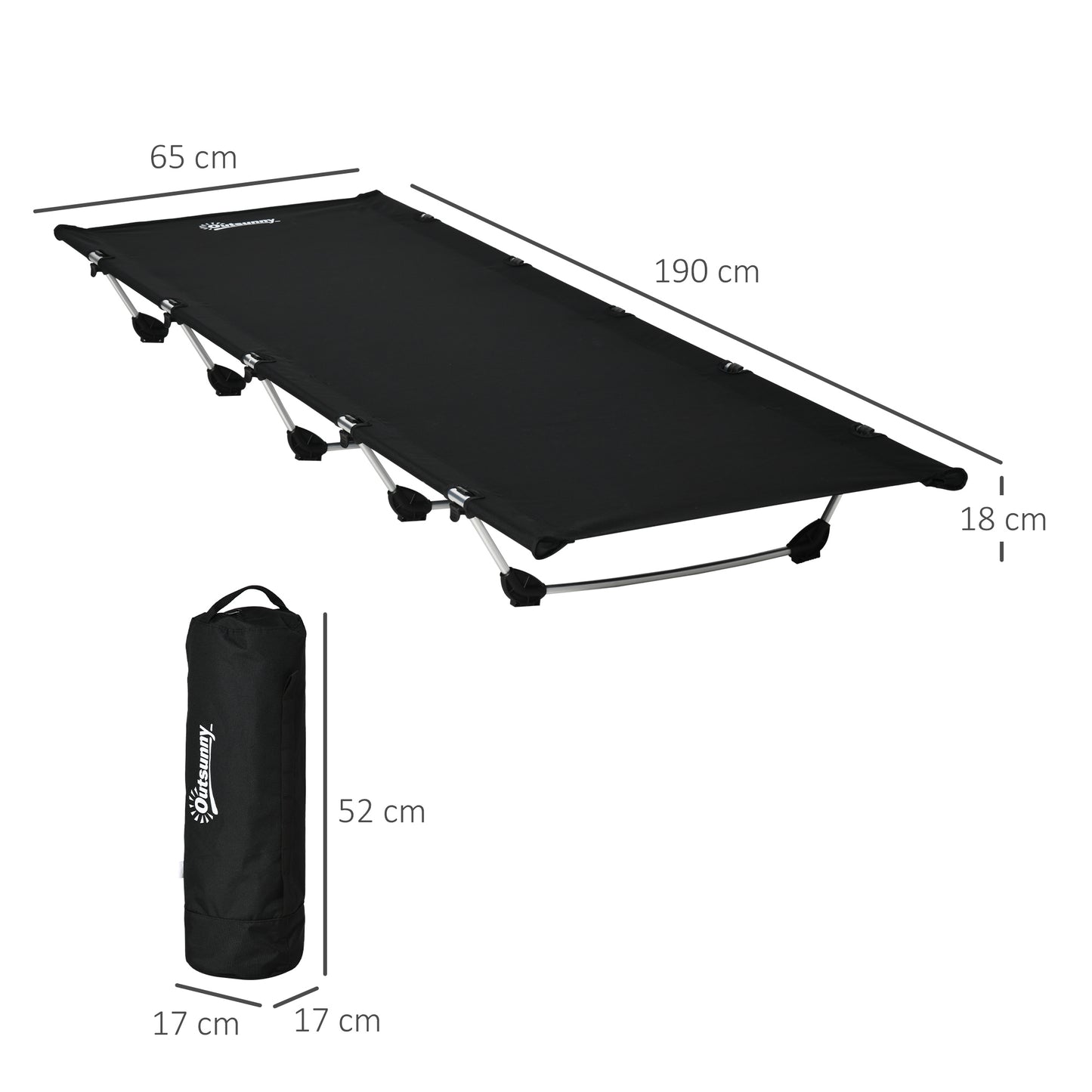 Outsunny Lightweight Camping Bed, Aluminium Portable Camp Cot w/ Strong Support 150kg and Carry Bag for Camping, Black