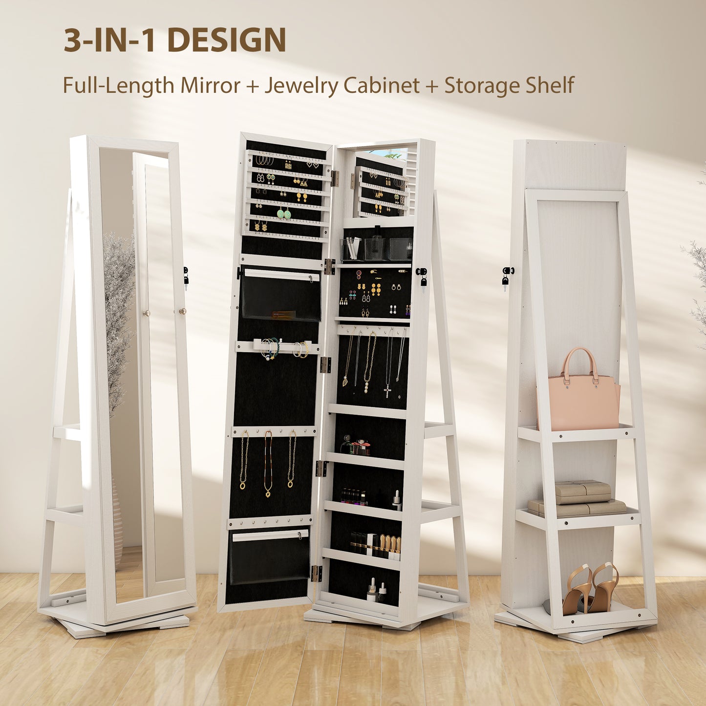 HOMCOM 360° Swivel Jewellery Cabinet, Free Standing Full Length Mirror with Storage, Lockable Jewellery Organiser with Built-in Makeup Mirror and Storage Shelves for Bedroom, White