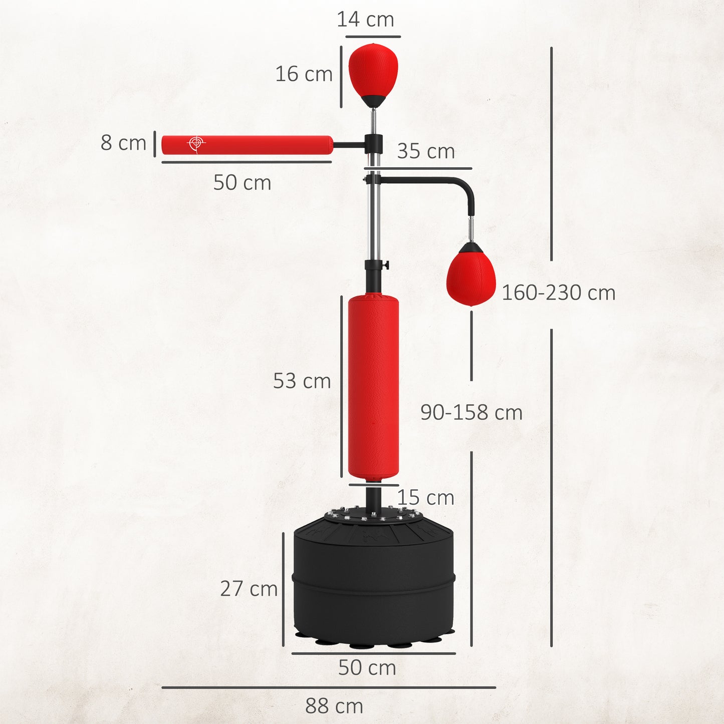 HOMCOM 4-in-1 Boxing Punching Bag, Freestanding with 2 Speed Bals, 360° Reflex Bar, 160-230cm Adjustable Height, Red