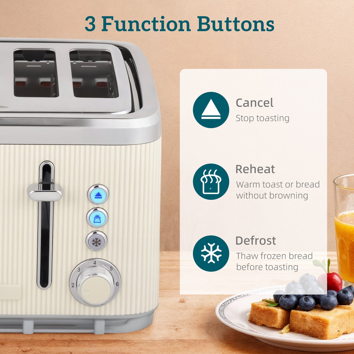 HOMCOM Electric Stainless Steel Kettle and Toaster Set, 3000W 1.7L UK Strix Thermostat Fast Boil Kettle w/ Limescale Filter, Cool Touch Body, 4 Slice Toaster with 7 Browning Levels, Crumb Tray, Cream