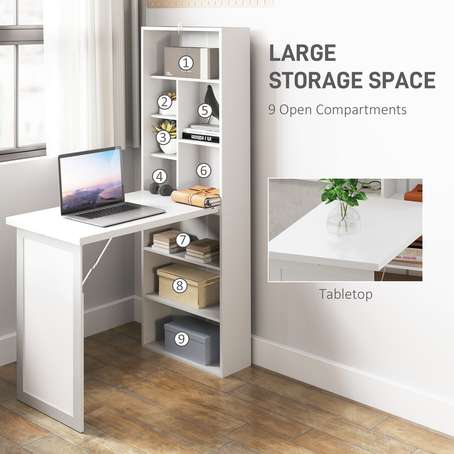 HOMCOM Fold-Out Desk 98cm with Storage and Writing Board, White