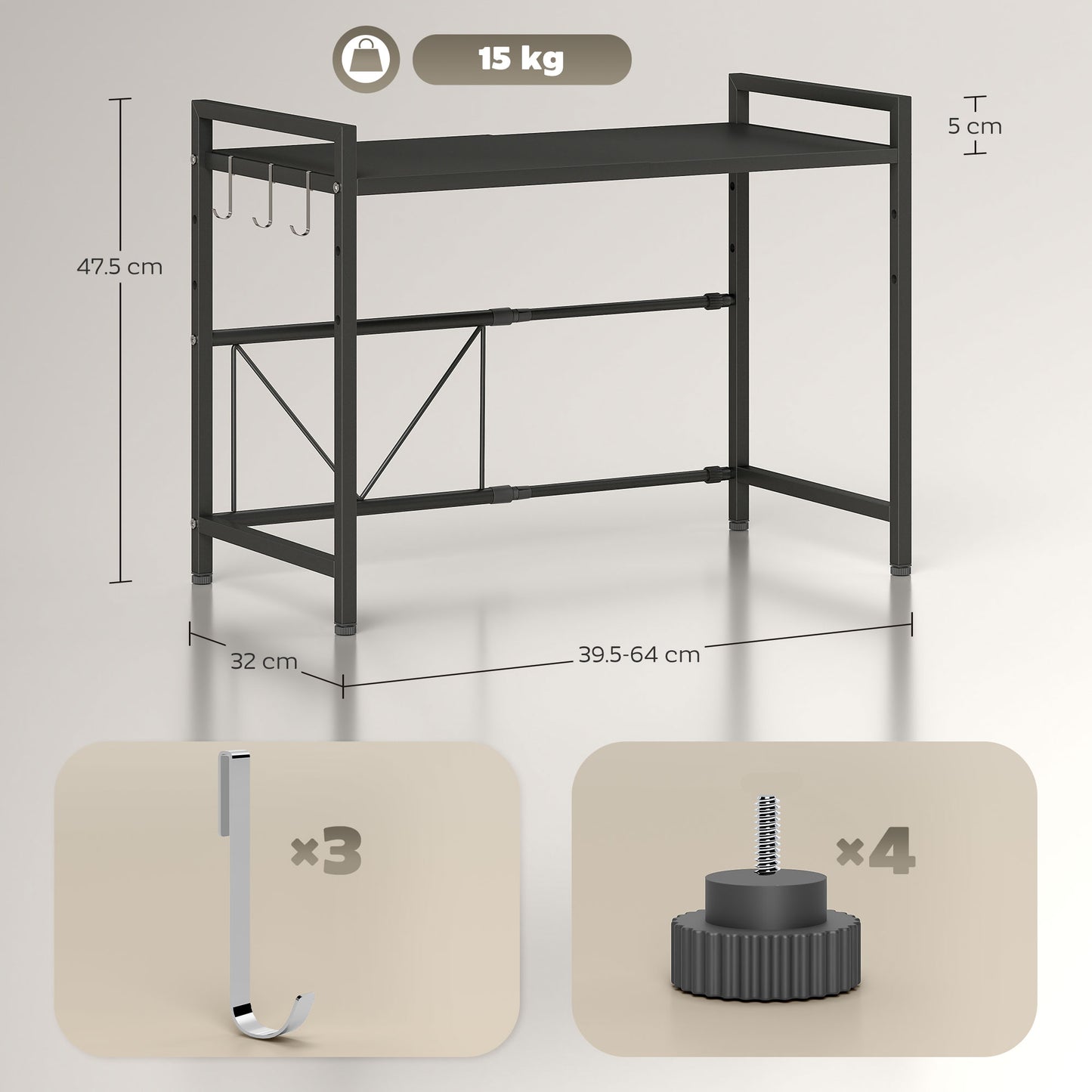 HOMCOM Expandable Microwave Oven Rack with 3 Hooks - Black
