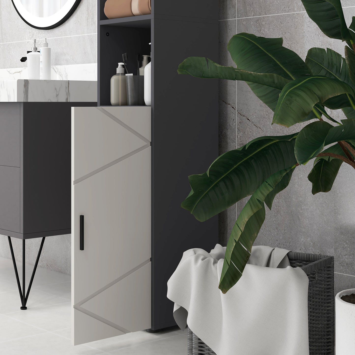 kleankin Line Embossed Tall Bathroom Storage Cabinet - Grey