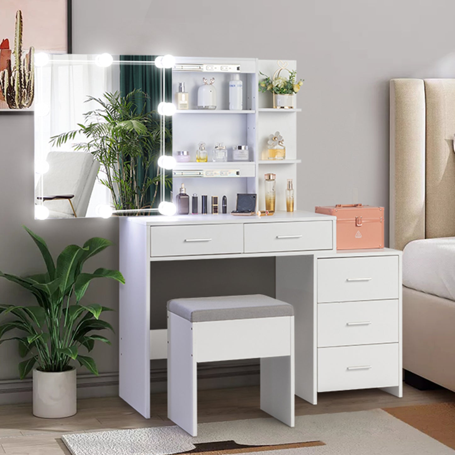 Particleboard Triamine Veneer 5 Pumps 2 Shelves Mirror Cabinet Three Dimming Light Bulb Dressing Table Set White