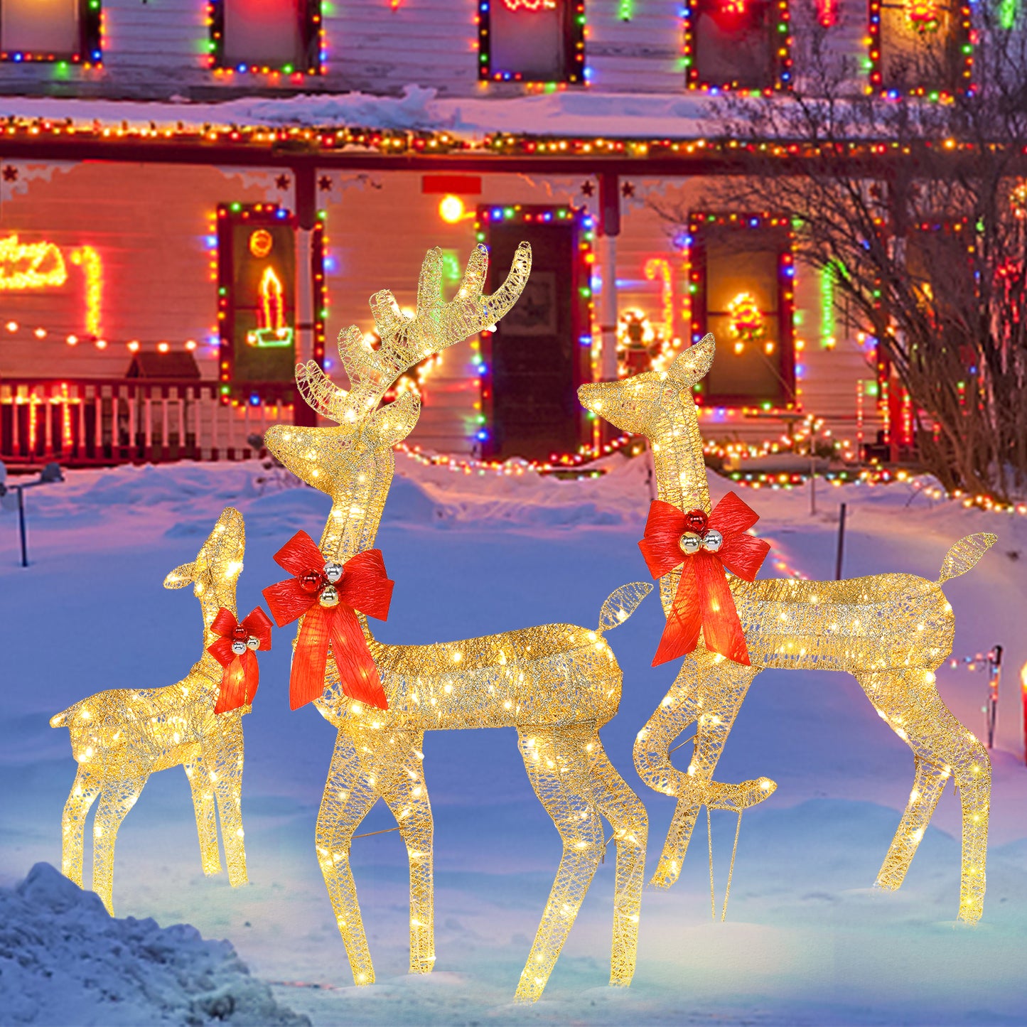 3pcs 30.00V 3.60W Family Elk Golden Iron Frame Courtyard Elk Family Decoration