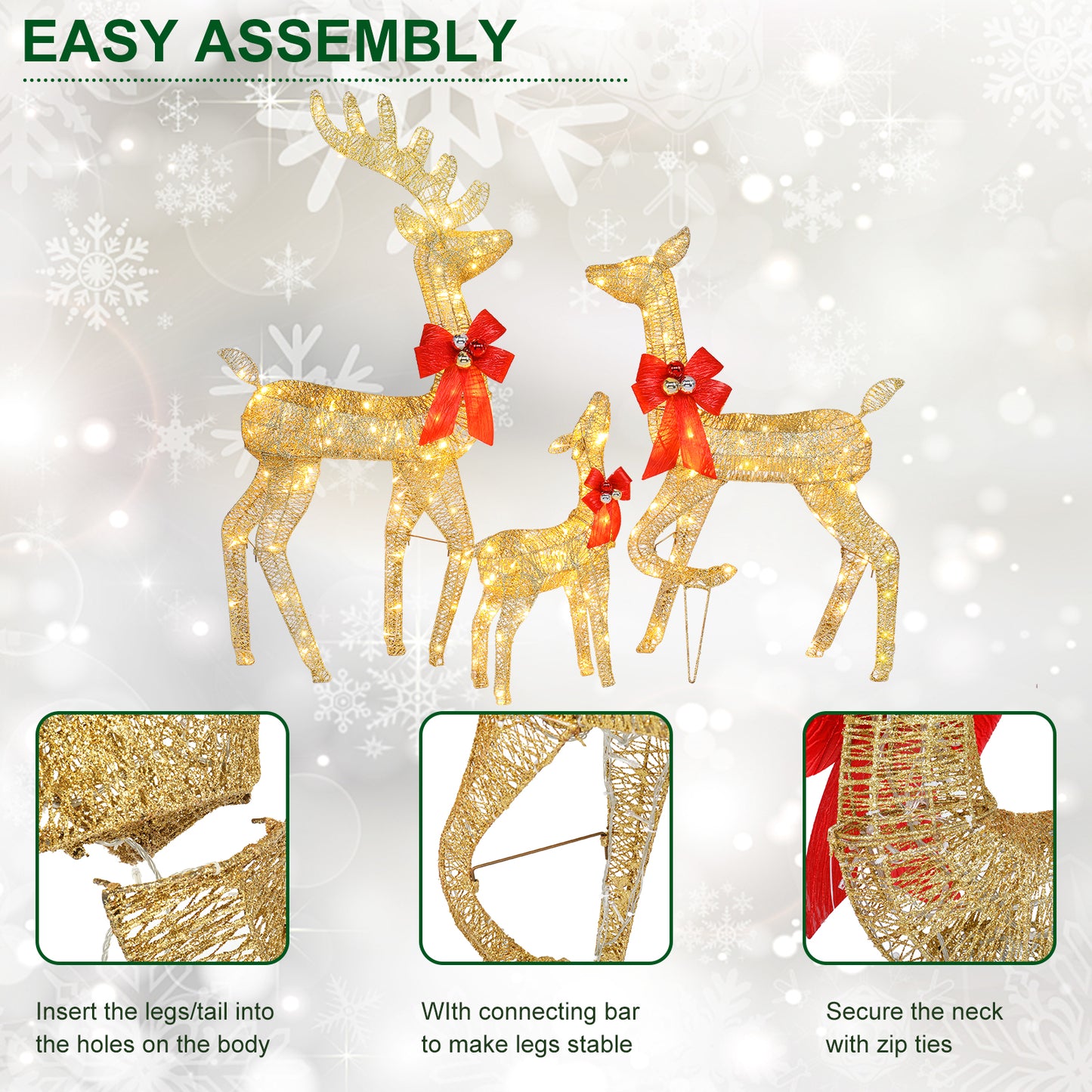 3pcs 30.00V 3.60W Family Elk Golden Iron Frame Courtyard Elk Family Decoration