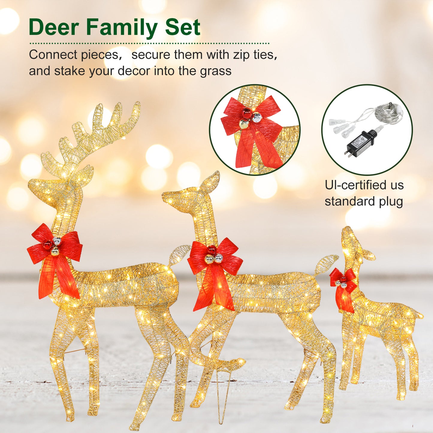 3pcs 30.00V 3.60W Family Elk Golden Iron Frame Courtyard Elk Family Decoration