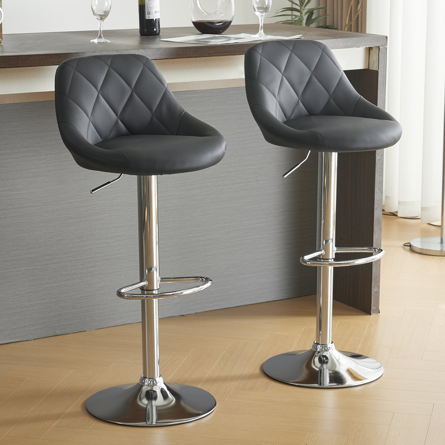2pcs Adjustable High Type with Disk No Armrest Rhombus Backrest Design Bar Stools Black
