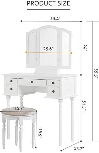 Elegant Dressing Tables with Tri-fold Mirror, Vanity Table Set with 5 Drawers, Lovely Makeup Table with Stool For Girls Women White