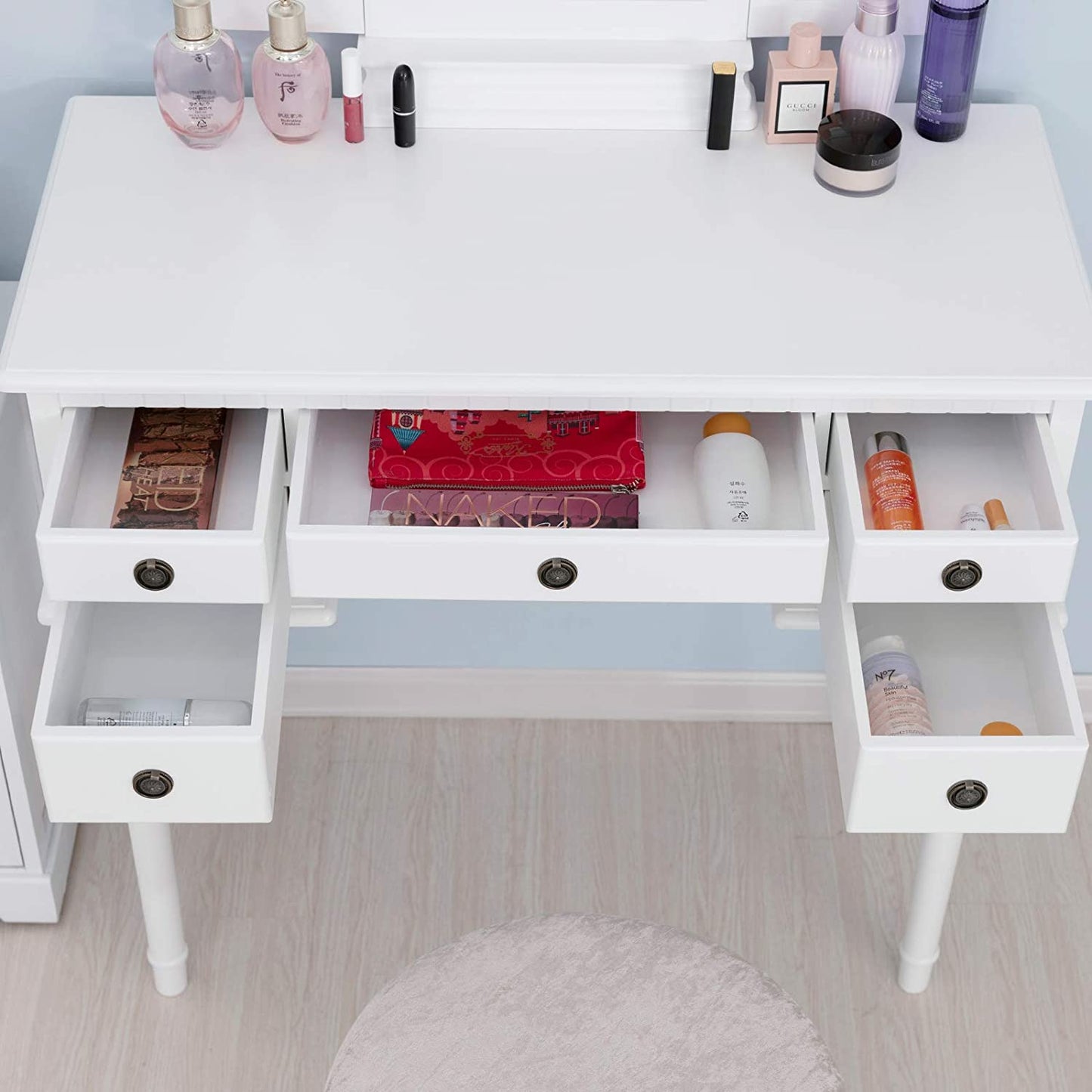 Elegant Dressing Tables with Tri-fold Mirror, Vanity Table Set with 5 Drawers, Lovely Makeup Table with Stool For Girls Women White