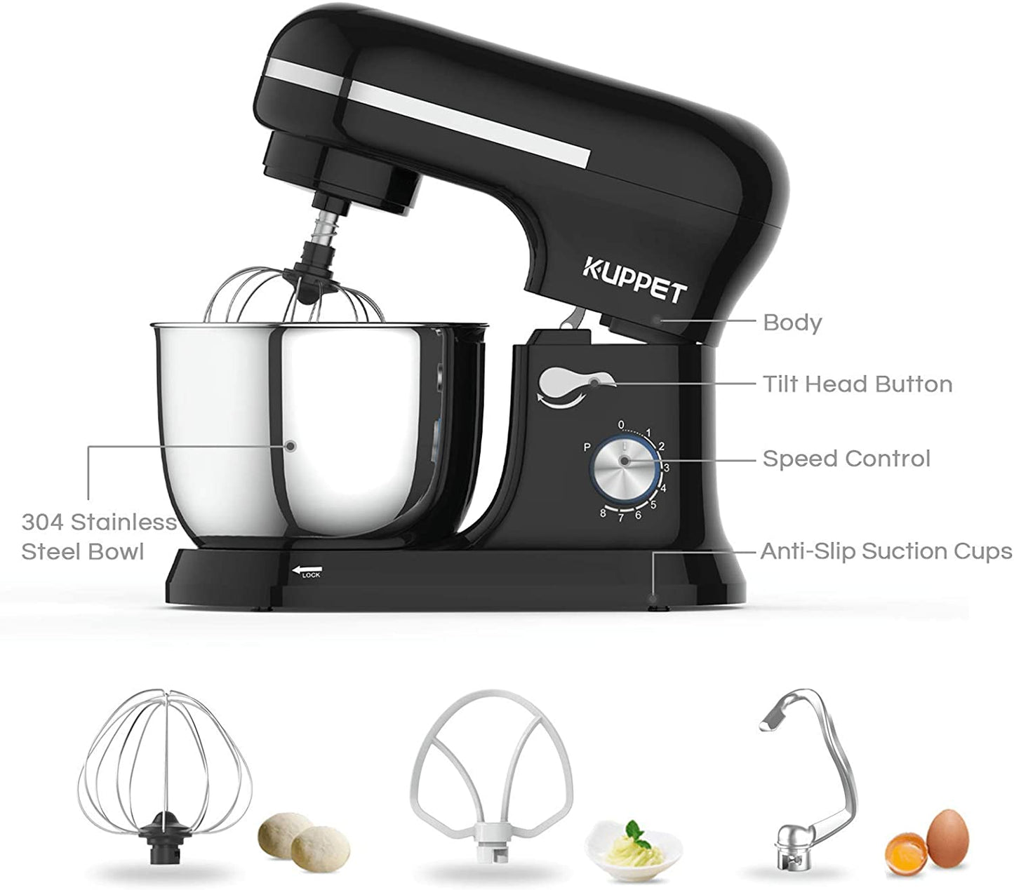 Stand Mixer, Food Mixer with Tilt-Head, 8-Speeds Electric Mixer, Included Dough Hook, Wire Whip & Beater, 4.5L Stainless Steel Bowl - Black