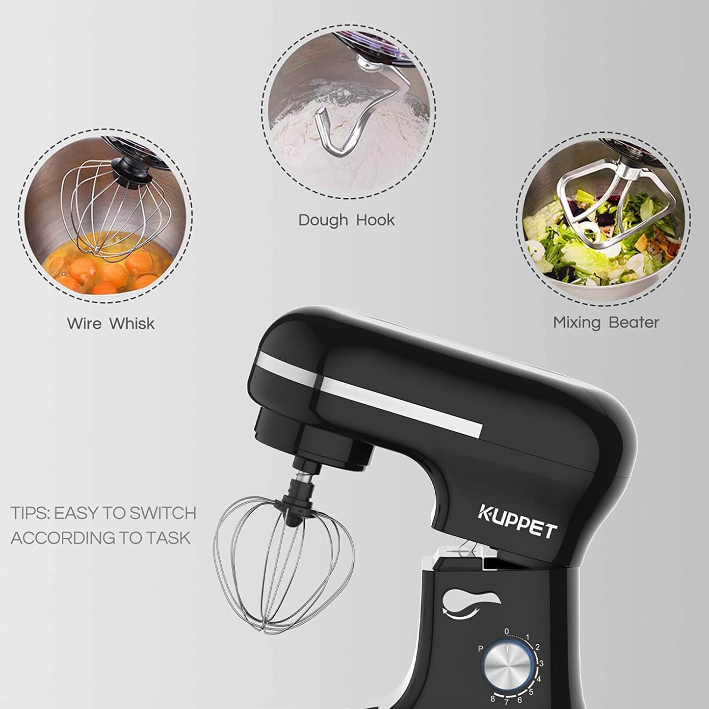 Stand Mixer, Food Mixer with Tilt-Head, 8-Speeds Electric Mixer, Included Dough Hook, Wire Whip & Beater, 4.5L Stainless Steel Bowl - Black