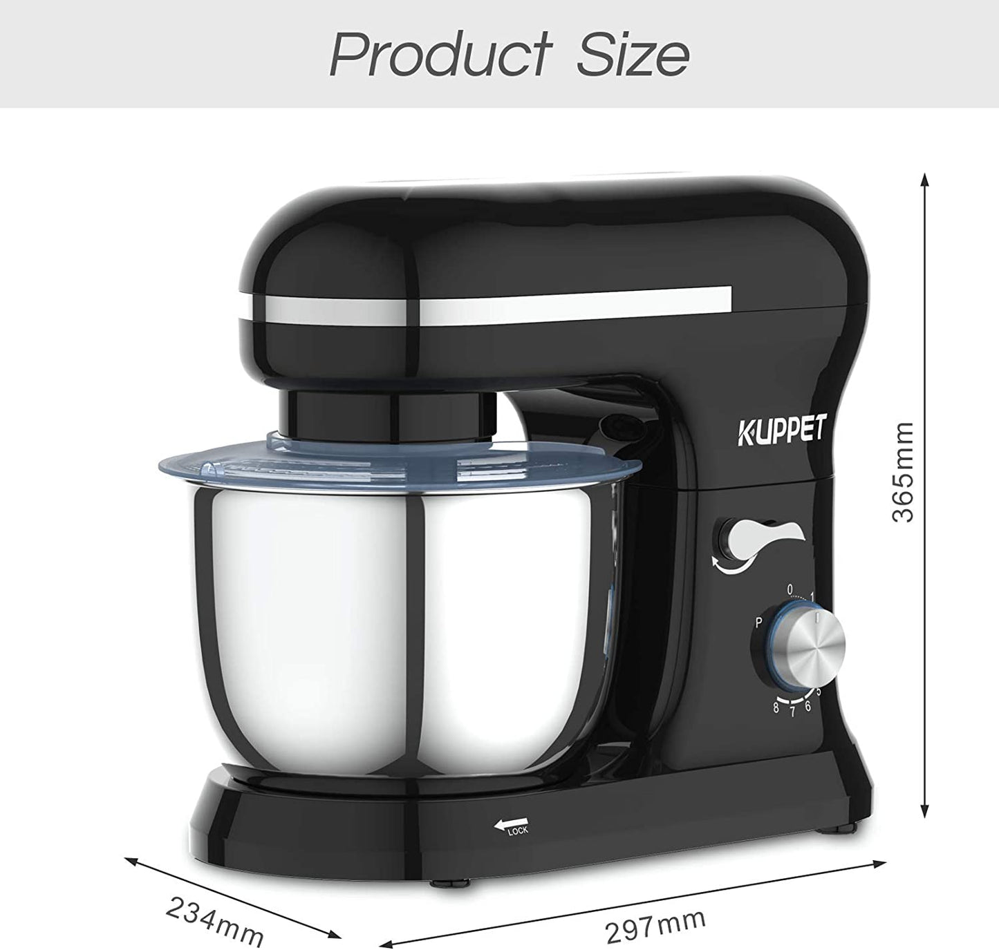 Stand Mixer, Food Mixer with Tilt-Head, 8-Speeds Electric Mixer, Included Dough Hook, Wire Whip & Beater, 4.5L Stainless Steel Bowl - Black