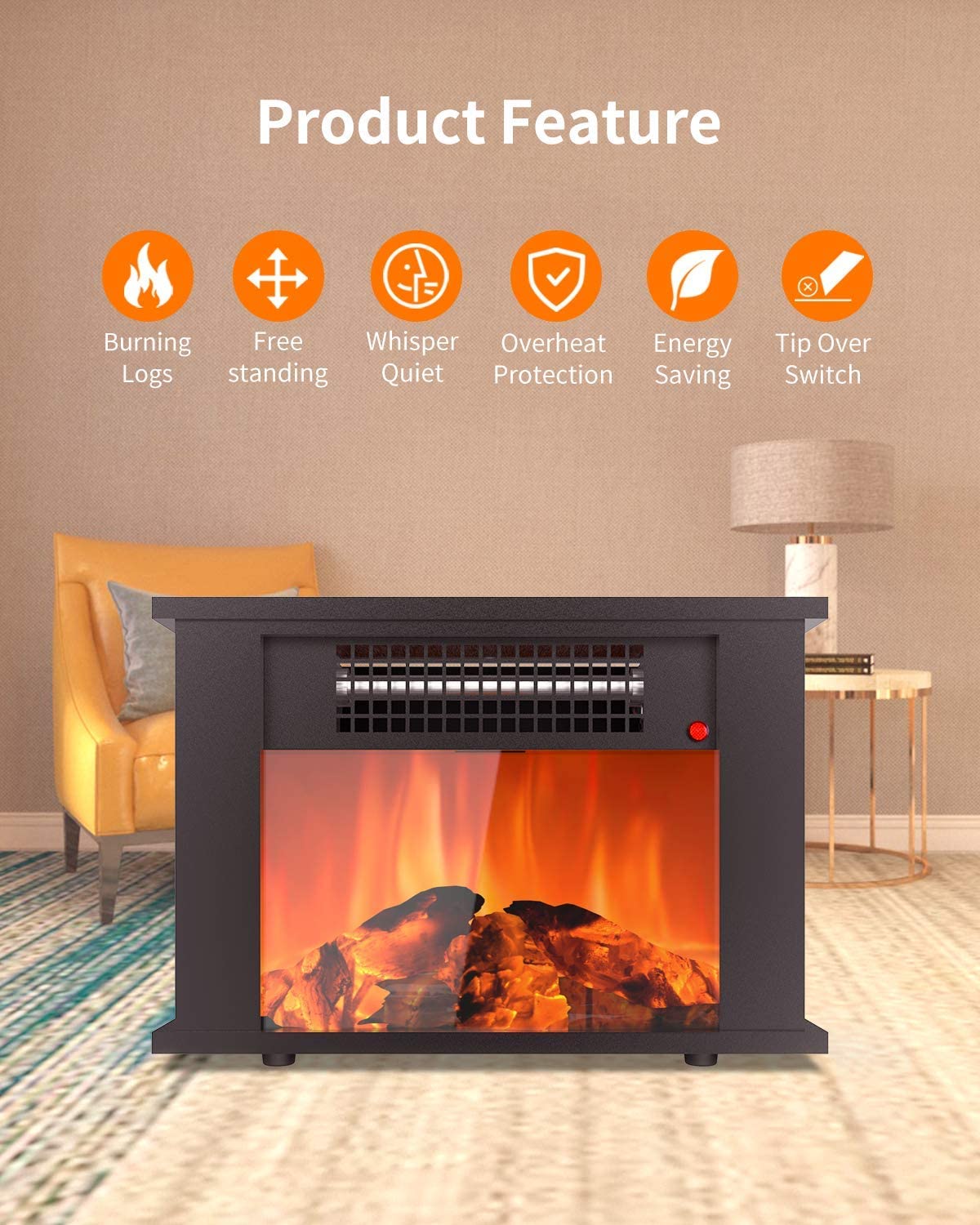 Mini Desktop Electric Fireplace Portable Space Heater Fireplace Freestanding with Flame Effect and Overheating/Tip-Over Protection, 1000W(3400BTU) & Office Use & Home Use