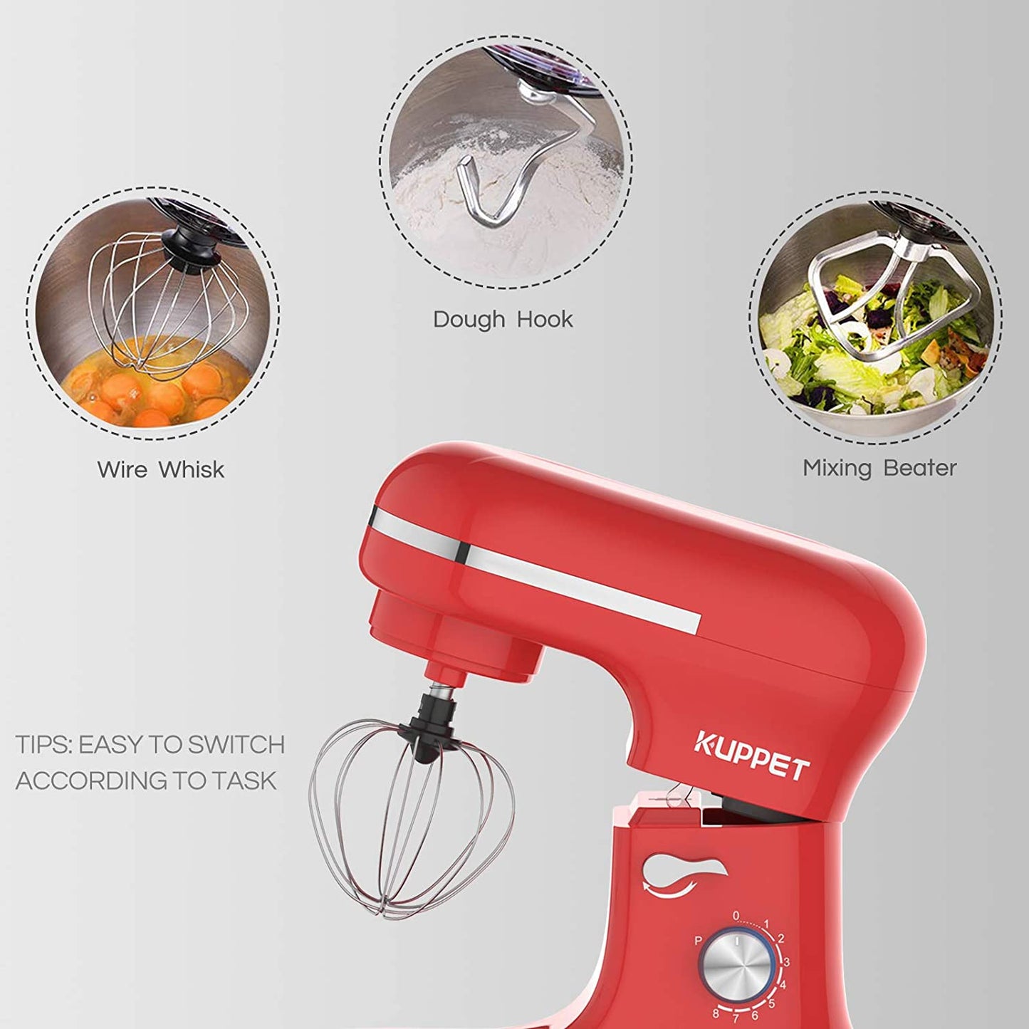 Stand Mixer, Food Mixer with Tilt-Head, 8-Speeds Electric Mixer, Included Dough Hook, Wire Whip & Beater, 4.5L Stainless Steel Bowl - Red