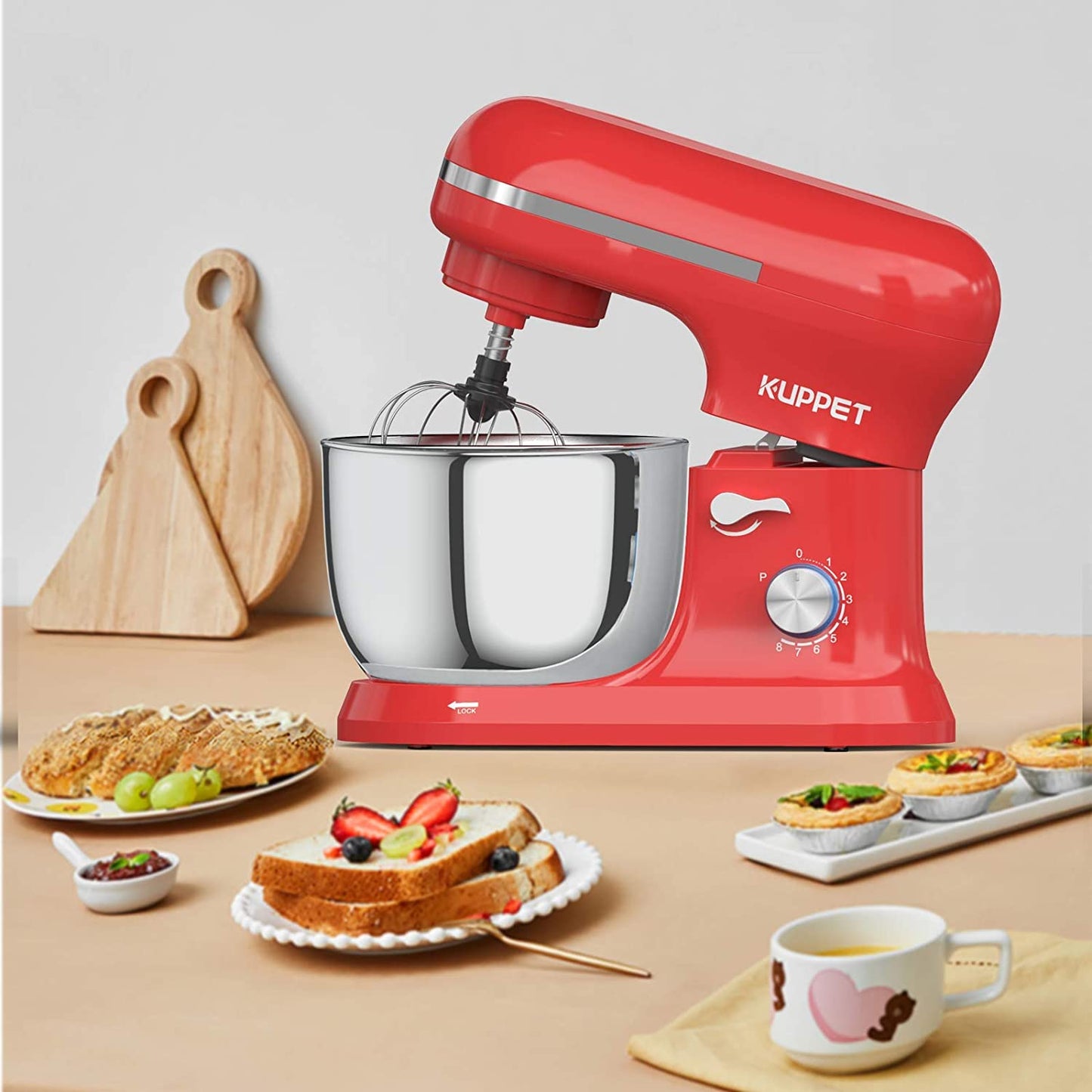 Stand Mixer, Food Mixer with Tilt-Head, 8-Speeds Electric Mixer, Included Dough Hook, Wire Whip & Beater, 4.5L Stainless Steel Bowl - Red