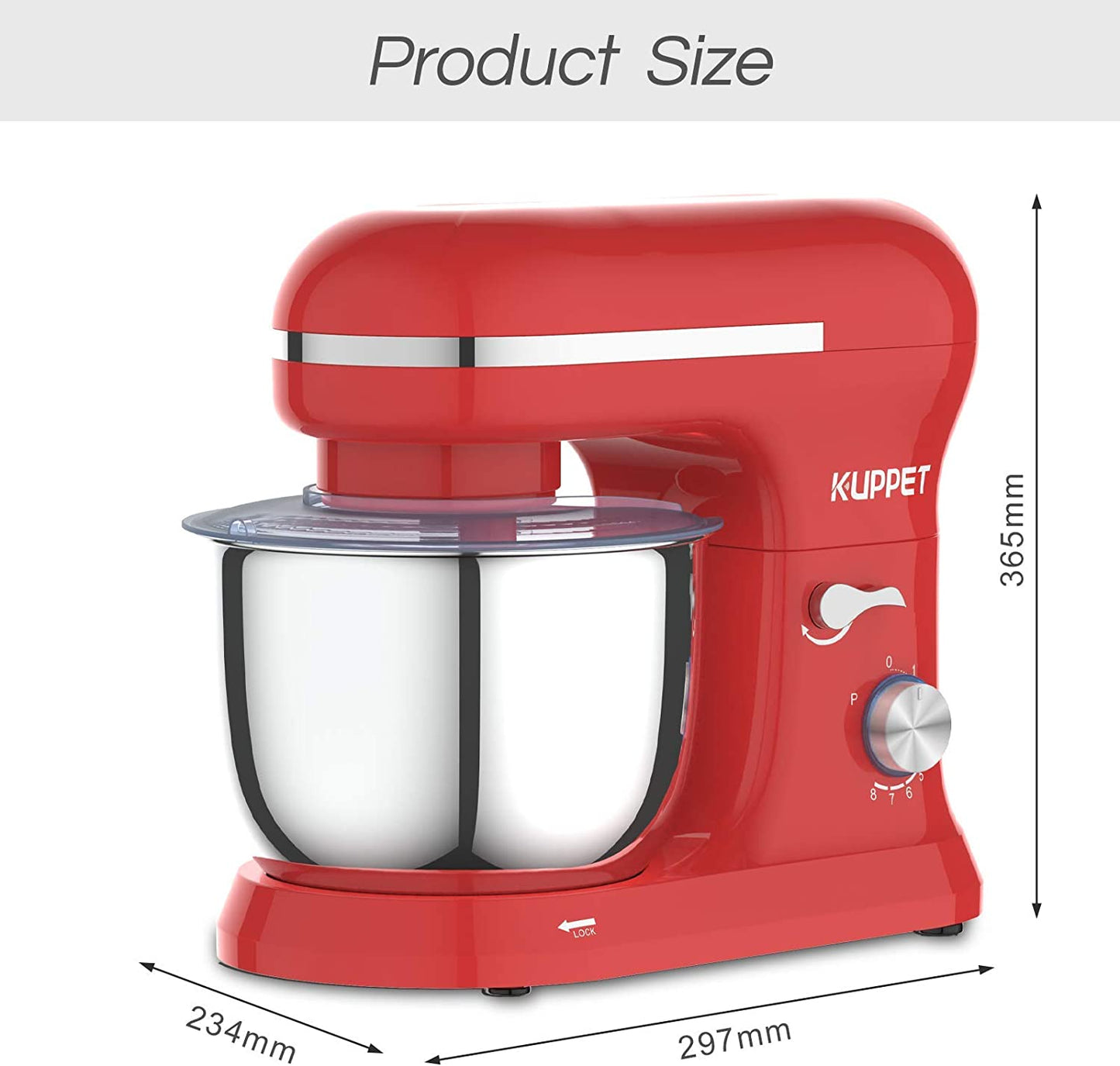 Stand Mixer, Food Mixer with Tilt-Head, 8-Speeds Electric Mixer, Included Dough Hook, Wire Whip & Beater, 4.5L Stainless Steel Bowl - Red