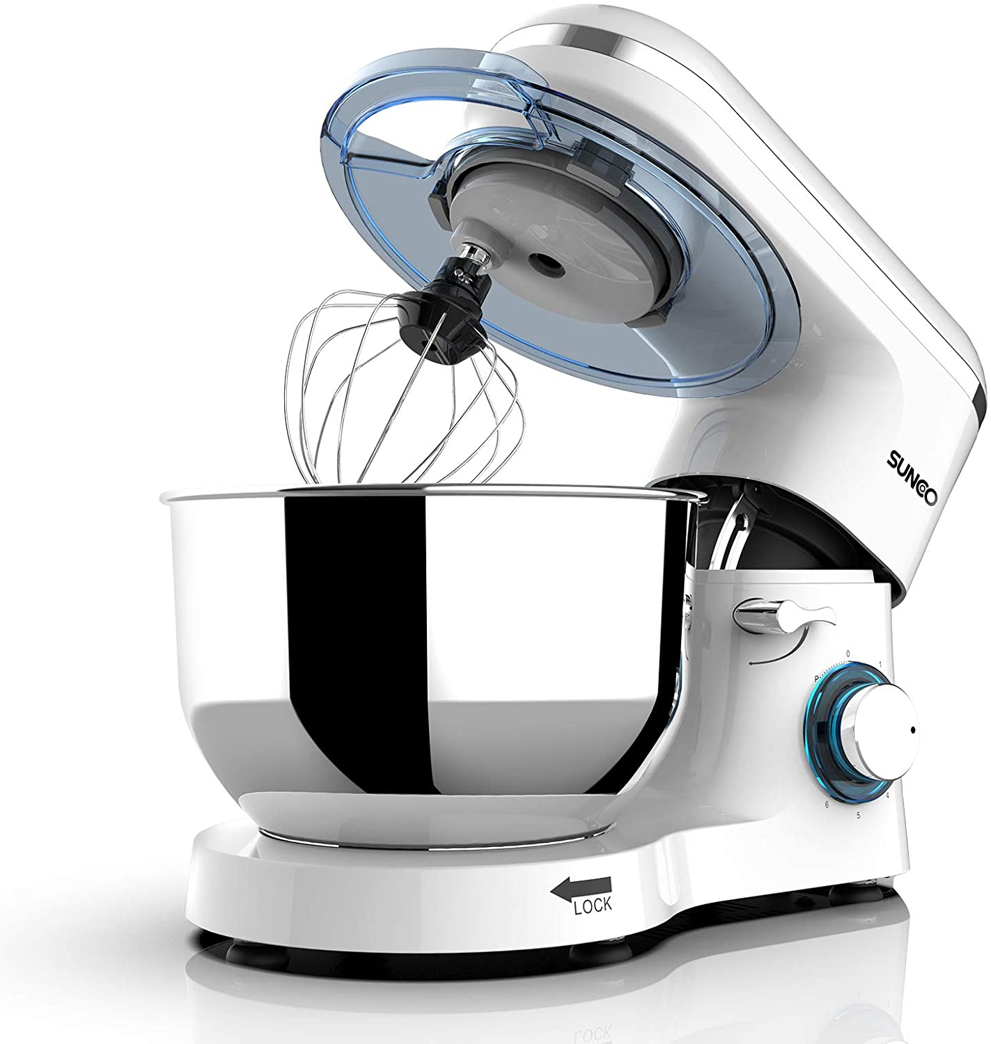 Stand Mixer, 1400W Kitchen Mixer Food Dough Machine with 6 Speed and Pulse, Home Mixer Stand up with 6.1L Stainless Steel Bowl, Whisk, Dough Hook, Beater, White