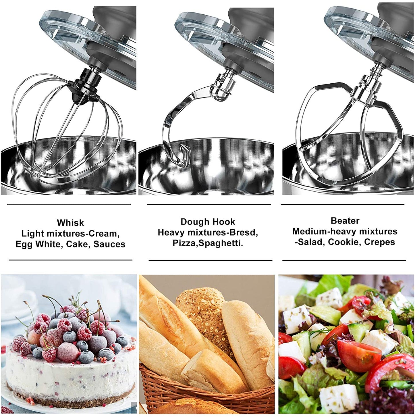 Stand Mixer, 1400W Kitchen Mixer Food Dough Machine with 6 Speed and Pulse, Home Mixer Stand up with 6.1L Stainless Steel Bowl, Whisk, Dough Hook, Beater, White