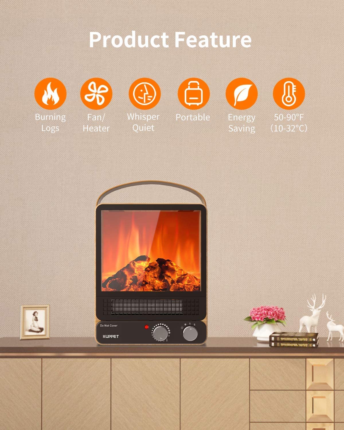 Space Heater, Energy Efficient Indoor Electric Fireplace Heater with Realistic Flame Effect 750W/1500W, Overheating Safety Protection, 2 Heating Powers, for Office & Bedroom & Living Room