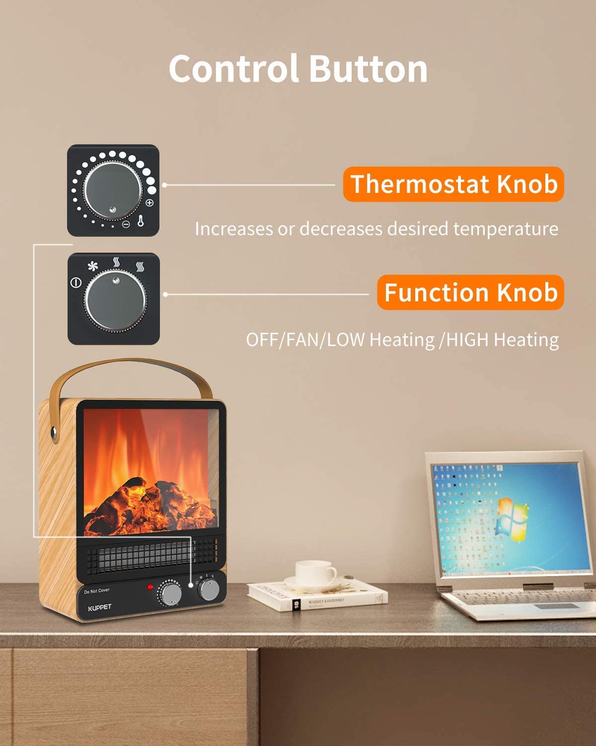 Space Heater, Energy Efficient Indoor Electric Fireplace Heater with Realistic Flame Effect 750W/1500W, Overheating Safety Protection, 2 Heating Powers, for Office & Bedroom & Living Room