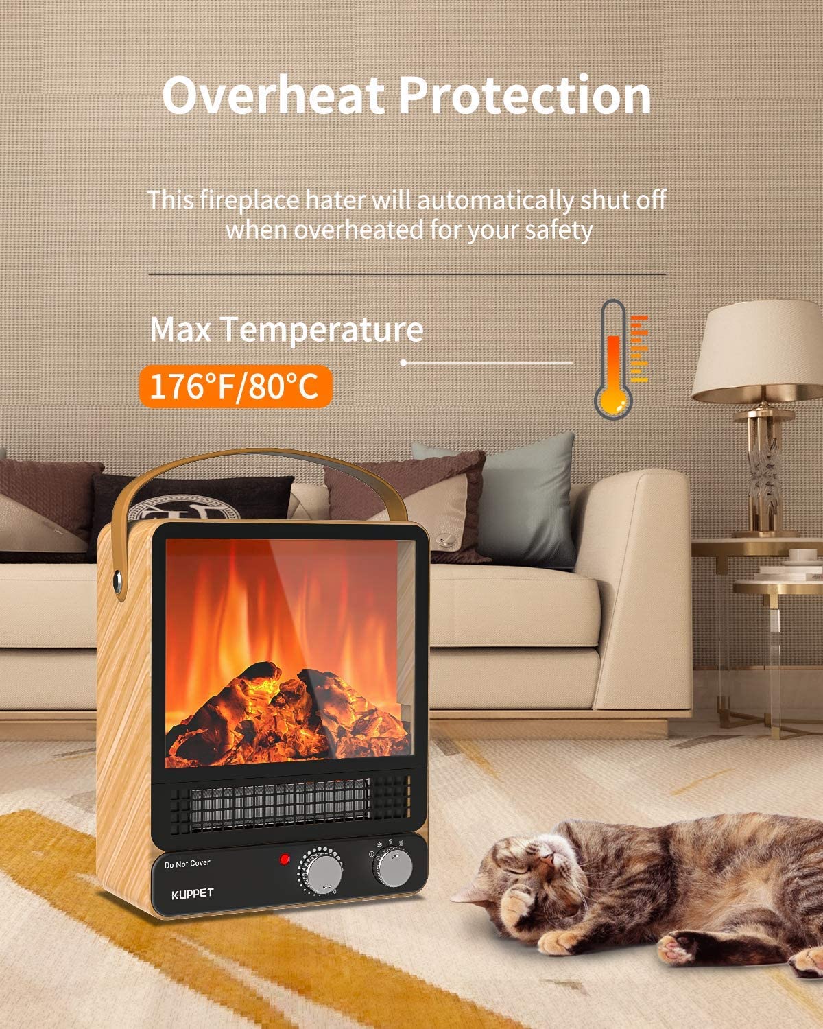Space Heater, Energy Efficient Indoor Electric Fireplace Heater with Realistic Flame Effect 750W/1500W, Overheating Safety Protection, 2 Heating Powers, for Office & Bedroom & Living Room