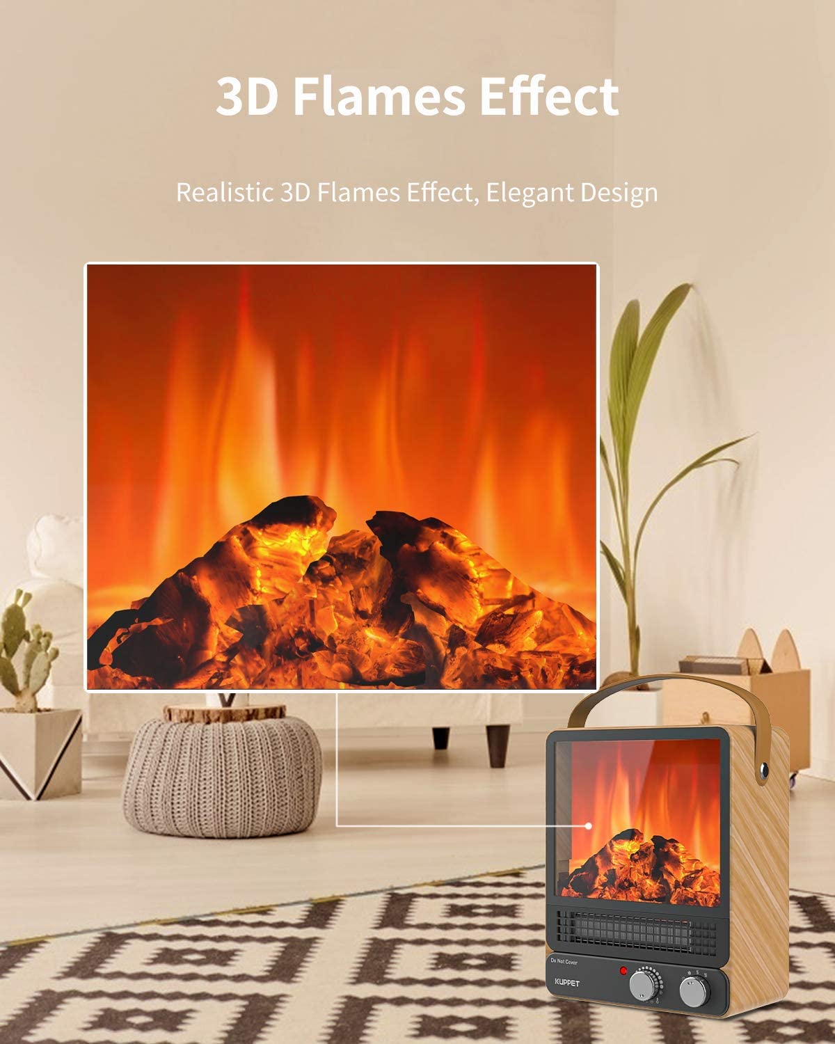 Space Heater, Energy Efficient Indoor Electric Fireplace Heater with Realistic Flame Effect 750W/1500W, Overheating Safety Protection, 2 Heating Powers, for Office & Bedroom & Living Room