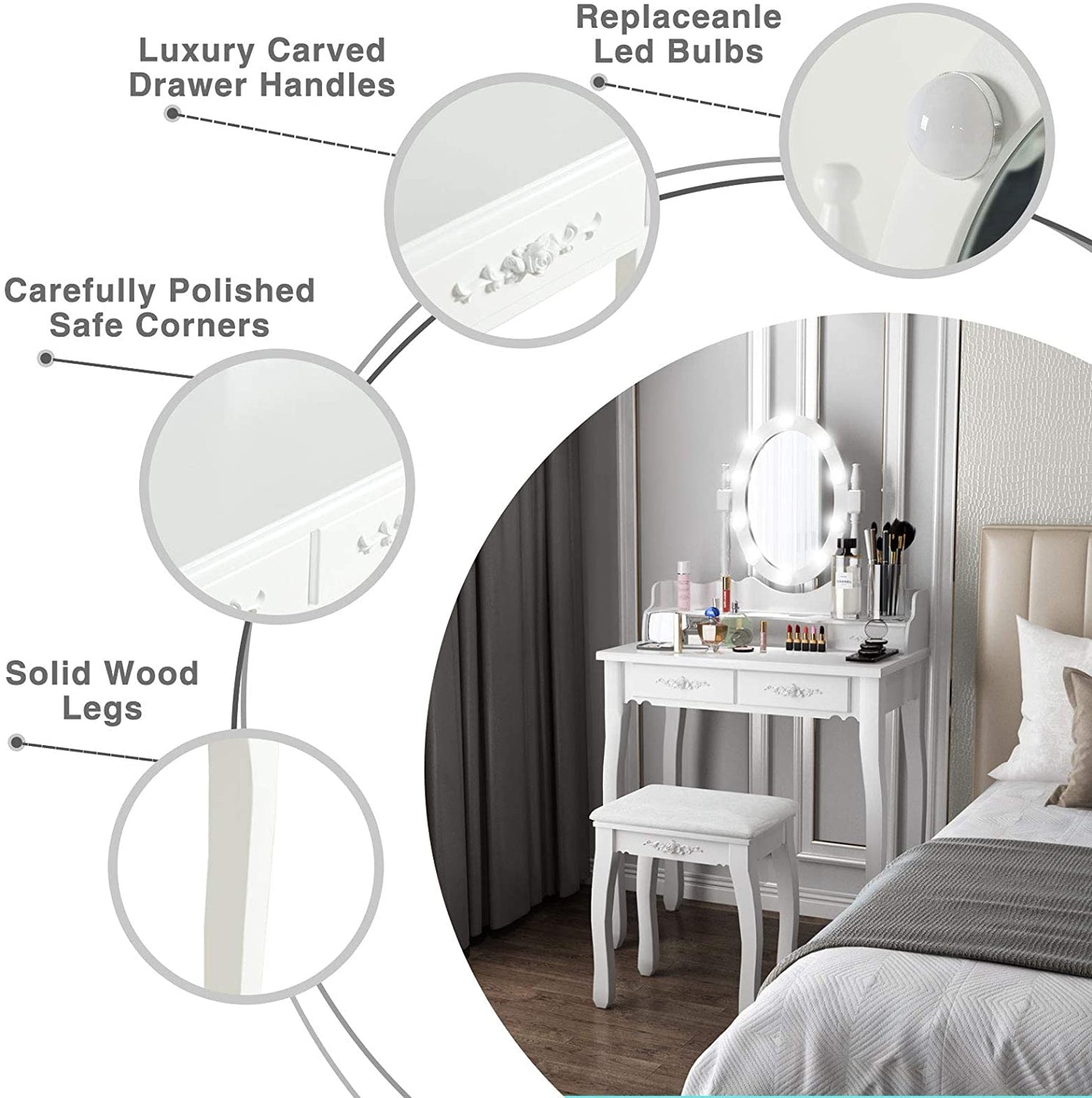 Dressing Table Set,White Vanity Makeup Table,4 Large Drawers and Cushioned Stool,10 Dimmable LED,Adjustable Mirror,for Girls,Women,Bedroom (White Makeup Vanity Table-4 drawers)