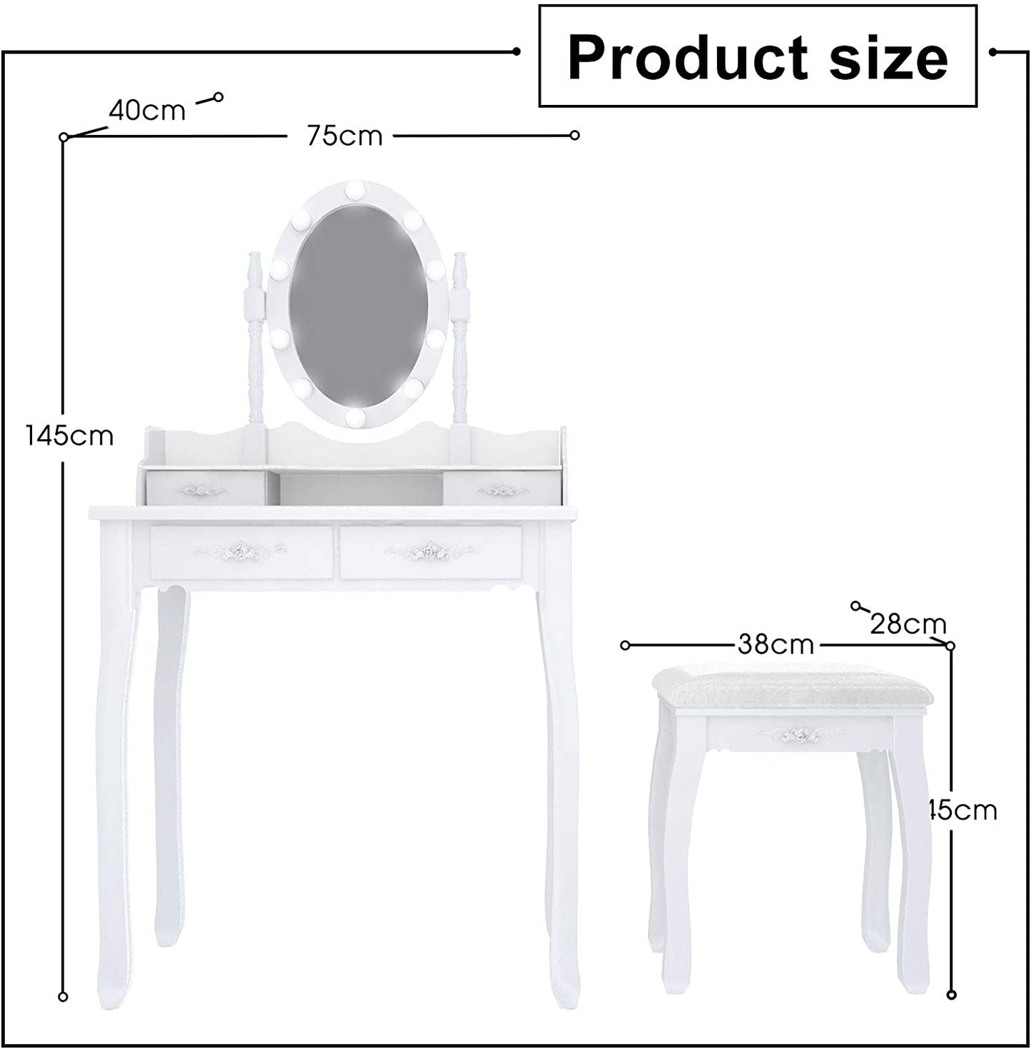 Dressing Table Set,White Vanity Makeup Table,4 Large Drawers and Cushioned Stool,10 Dimmable LED,Adjustable Mirror,for Girls,Women,Bedroom (White Makeup Vanity Table-4 drawers)