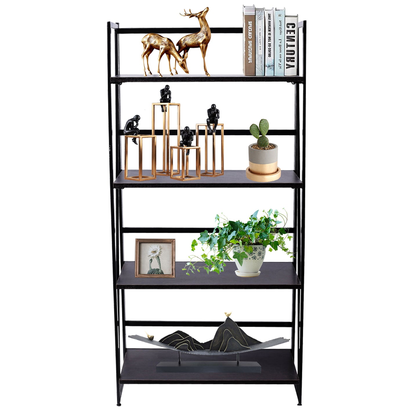 Folding Bookshelf Home Office Industrial Bookcase Wooden Storage Shelves Vintage 4 Tiers Book Rack Organizer