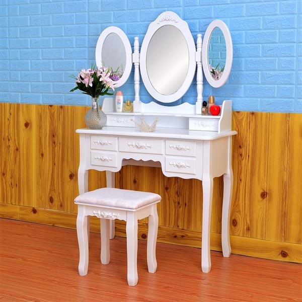 Foldable 3 Mirrors with 7 Drawers Dressing Table - White