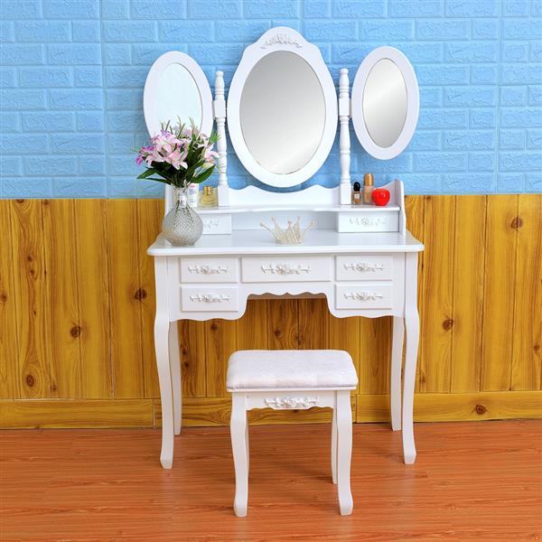 Foldable 3 Mirrors with 7 Drawers Dressing Table - White