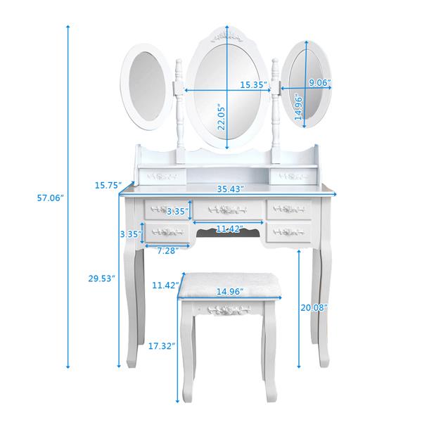 Foldable 3 Mirrors with 7 Drawers Dressing Table - White