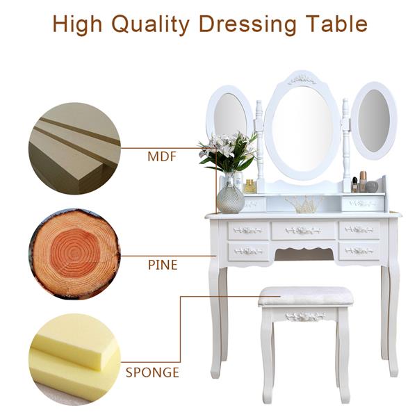Foldable 3 Mirrors with 7 Drawers Dressing Table - White