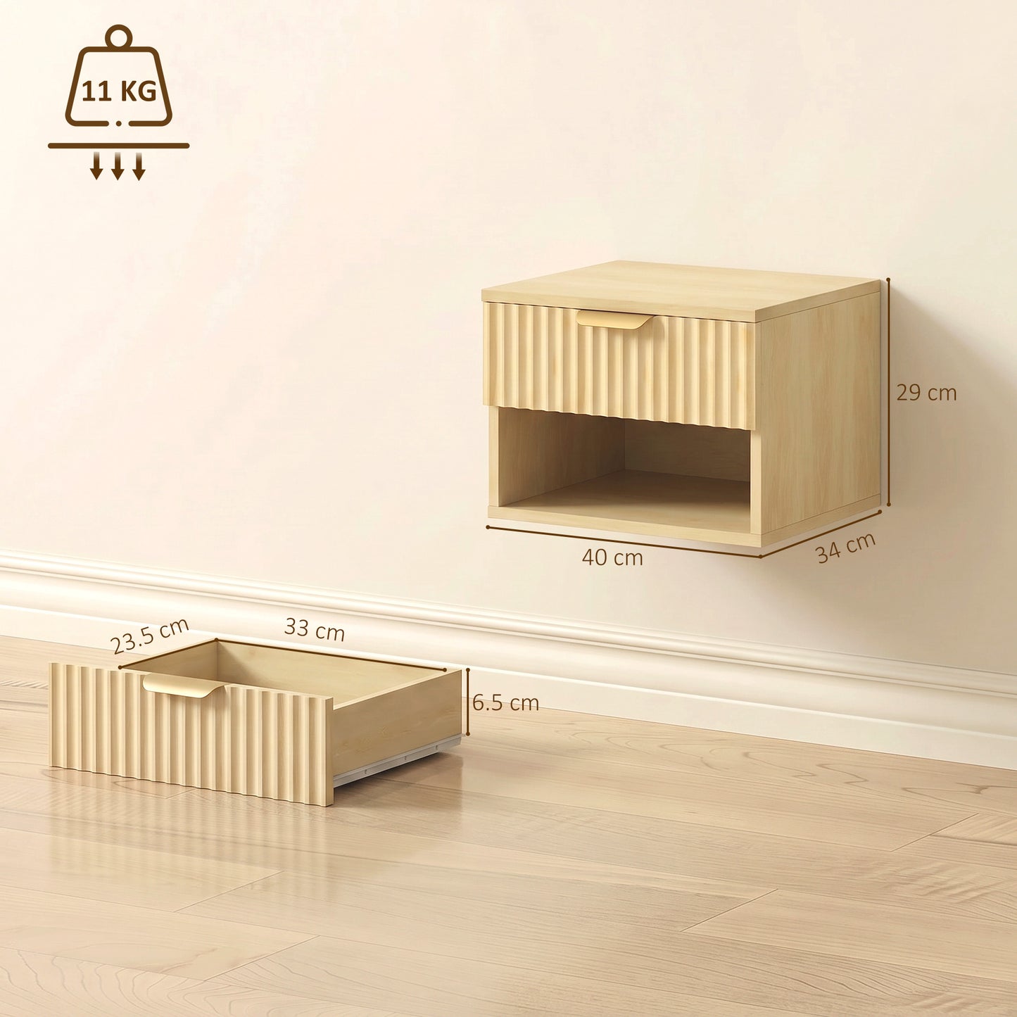 HOMCOM Floating Nightstands Set of 2, Modern Wall-Mounted Bedside Tables with Fluted Drawer and Open Shelf for Bedroom, Oak