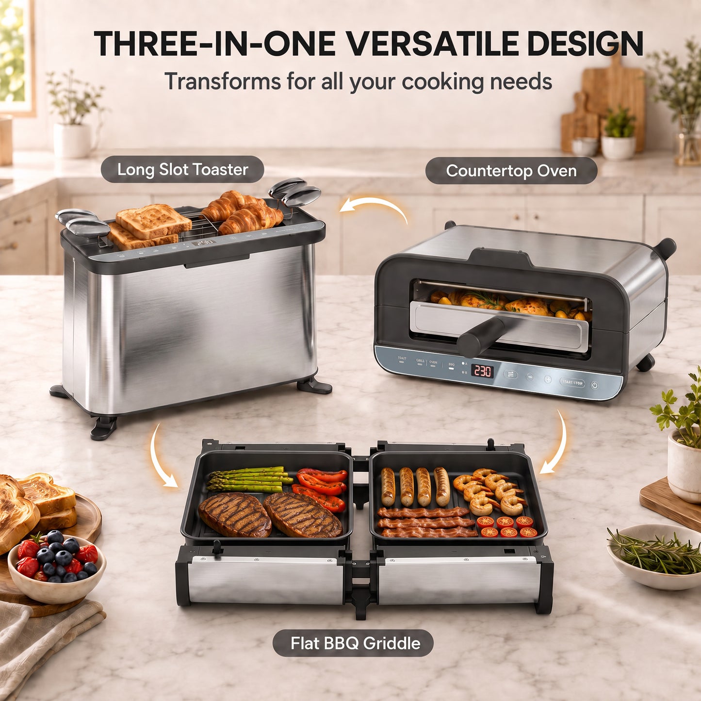 HOMCOM 3-in-1 Electric Mini Oven, Long Slot Toaster and Tabletop Grill, with LED Display, 60 Min Timer, Stainless Steel, 1700W