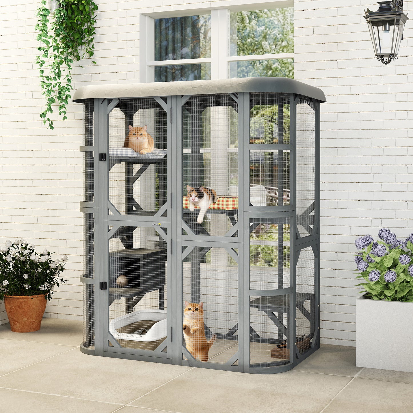 PawHut Catio Outdoor Cat Enclosure,  Wooden Cat House with Platforms, Condo and Waterproof Cover for 2â€“3 Kittens, Grey